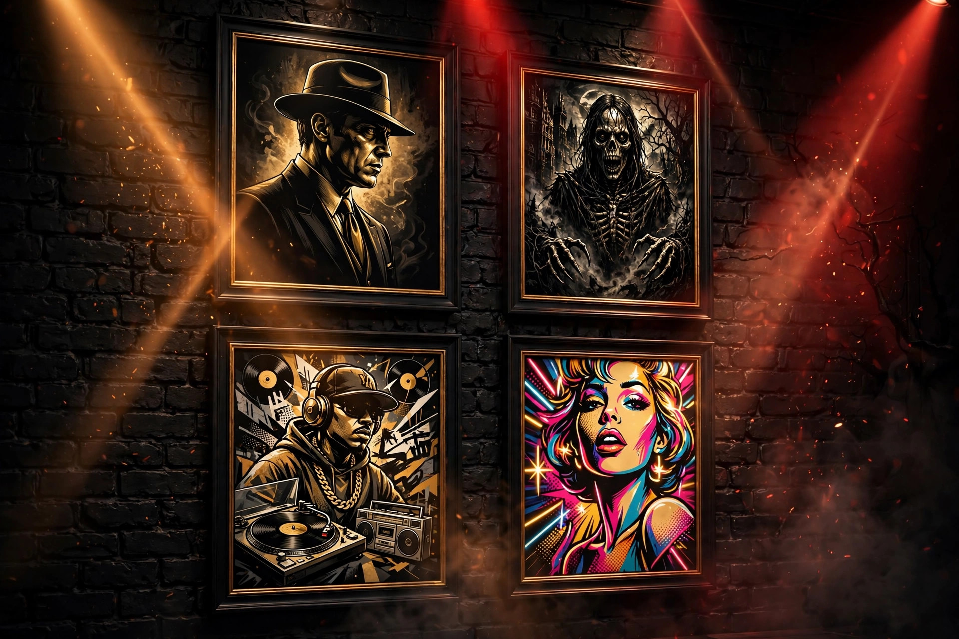 Dark gallery wall with framed pop culture art prints under red and gold spotlights